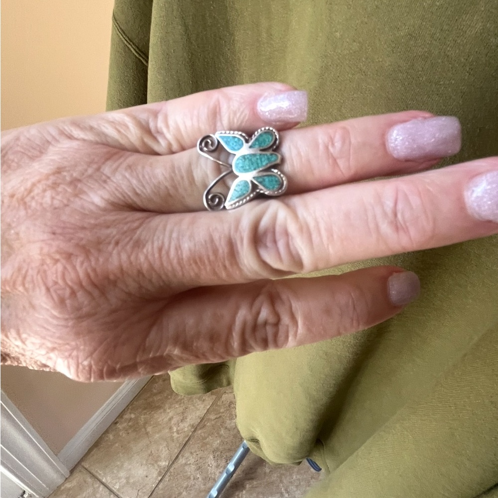 Butterfly Sterling Silver and Turquoise Statement Ring with Ornate Design